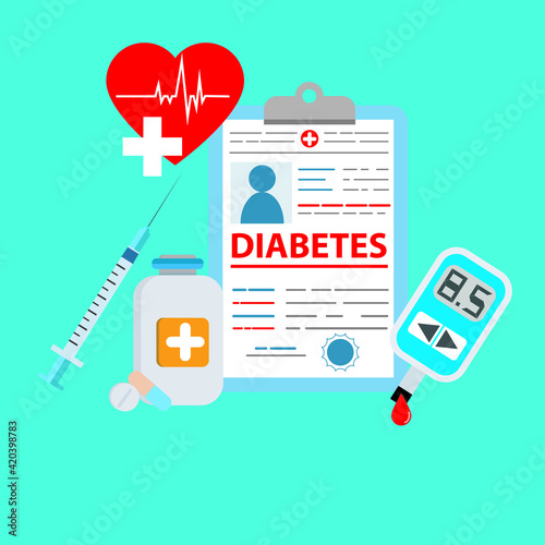Medical diagnosis - Diabetes. Diabetes mellitus type 2 and insulin production concept. Blood glucose meter, pills, syringe, and insulin vial on blue background. Vector illustration.