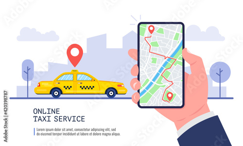 Online taxi service concept. Yellow taxi cab and hand holding smartphone with taxi application and city landscape. Vector.