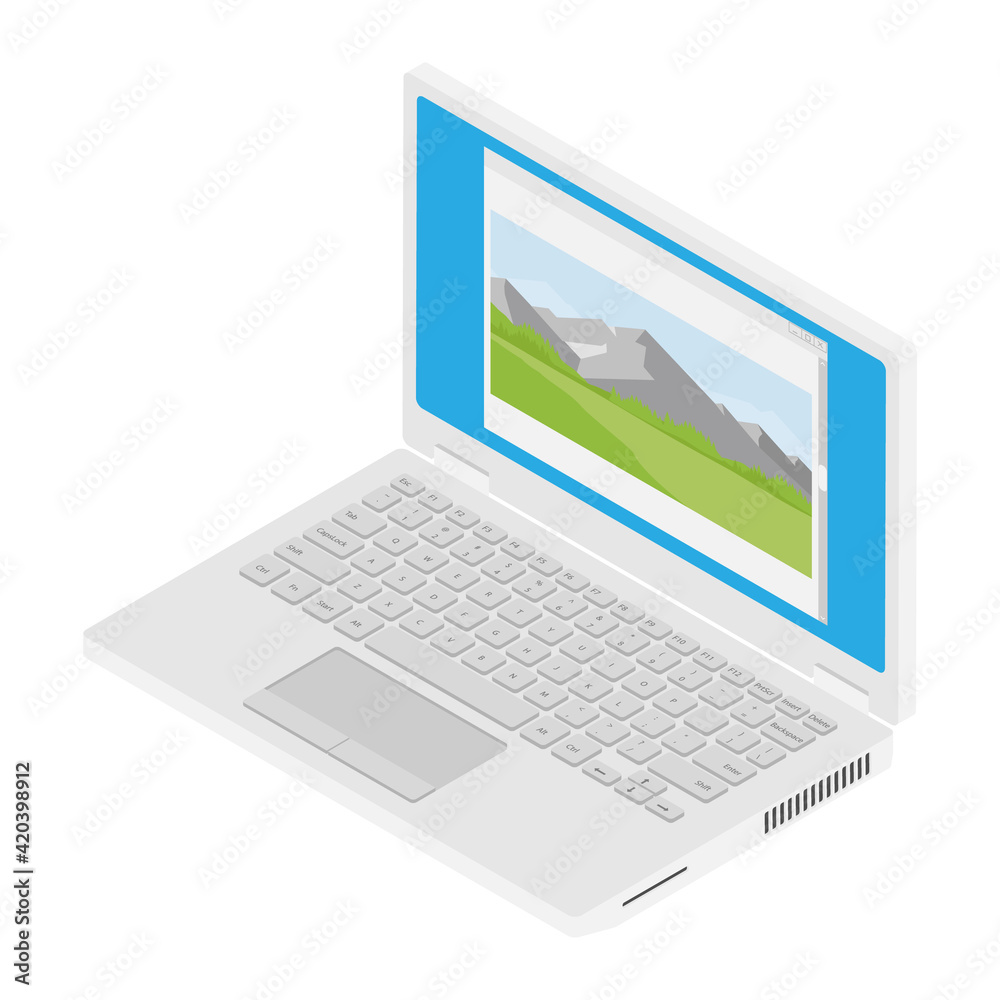 Laptop computer with mountain landscape photo on desktop isometric view isolated on white background. Laptop computer with mountain landscape photo on desktop isometric view isolated on white background.