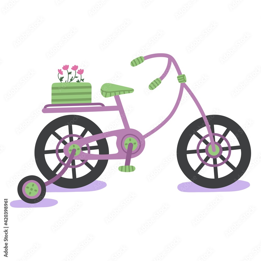 Hand drawn four-wheeled bicycle with plants isolated on white background. Eco pedal transport carrying baskets with plants. Vector flat illustration