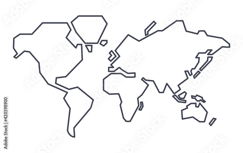 Simple stylized world map. Continents silhouette in minimal line icon style. Vector illustration.