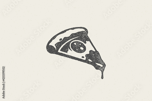 Slice of pizza silhouette with tomato and cheese hand drawn stamp effect vector illustration.