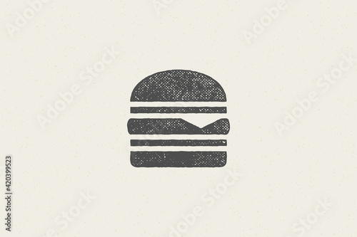 Burger silhouette as logo fast food service hand drawn stamp effect vector illustration.
