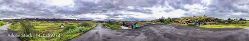 THINGVELLIR NP, ICELAND - JULY 30, 2019: Panoramic view of Thingvellir National Park on a cloudy summer day, Iceland