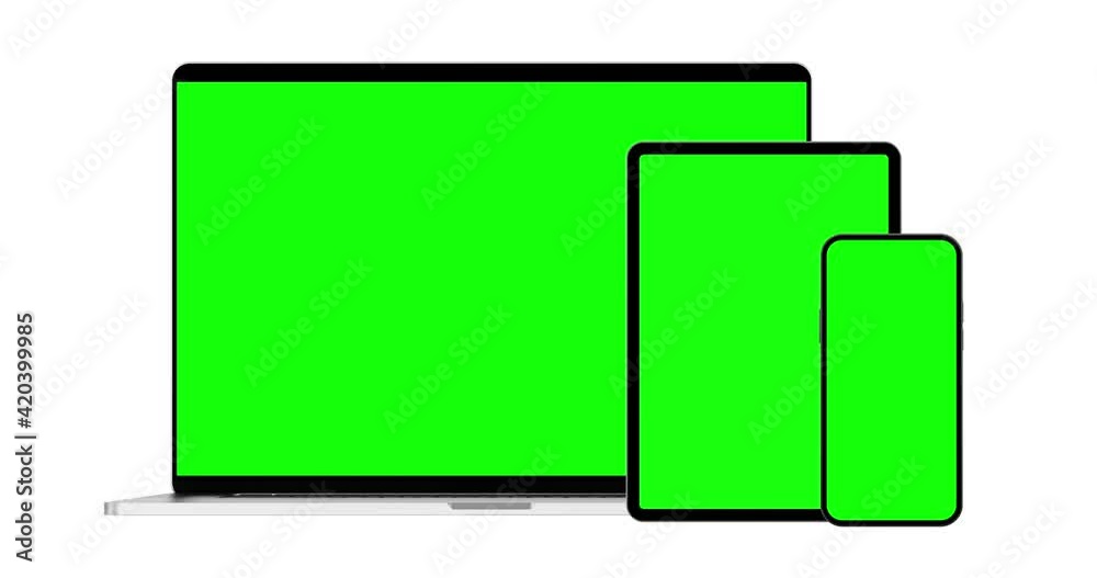 Laptop, Tablet, and Smartphone with blank green screen slide one after the other in the camera frame. Mockup with electronic devices. Devices divided into 3 clips layers for easy replacement screens