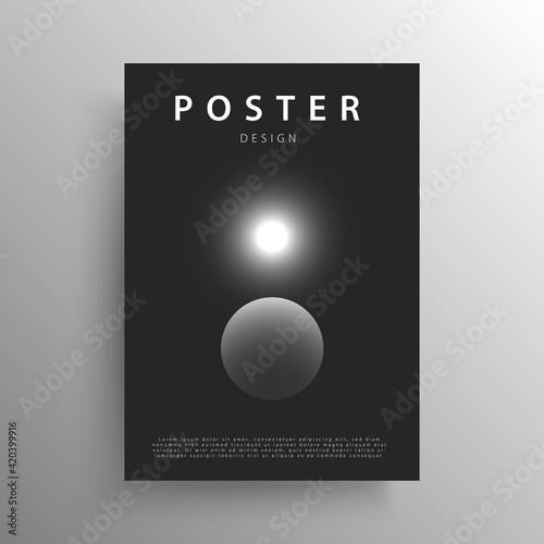 Abstract monochrome outer space design for the poster or wall decoration, vector. Outer space black and white scene with glowing star and planet.