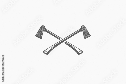 Silhouette lumberjack axes crossed as symbol of logging industry in nature hand drawn stamp effect vector illustration