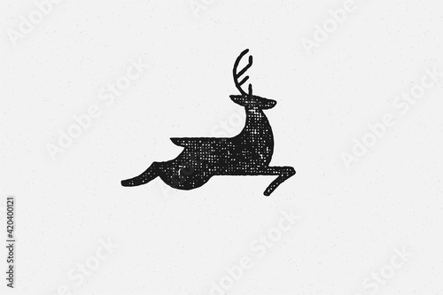 Black silhouette wild deer with huge antlers as symbol of wildlife hand drawn stamp effect vector illustration
