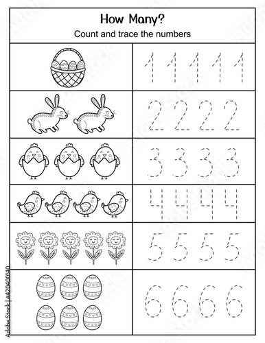How Many - count and trace the numbers Easter worksheet. Activity page with eggs, bunny and chicks. Math for preschool kids. Handwriting practice. Vector illustration