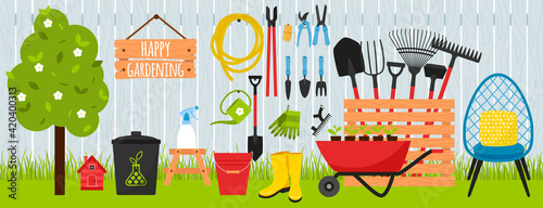 A collection of garden tools and equipment for gardening on the background of a wooden fence and lawn grass.Wheelbarrow, rubber boots, apple tree. Large set of vector illustrations.flat cartoon style