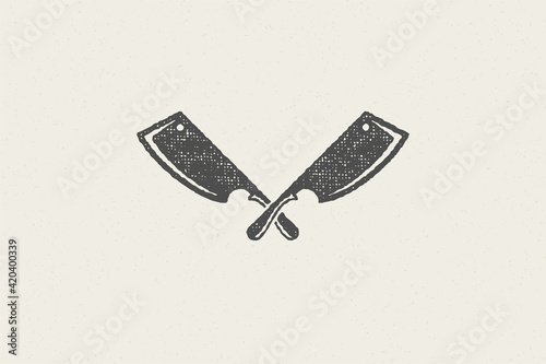 Sharp butcher knives crossed silhouette symbol for meat industry hand drawn stamp effect vector illustration.