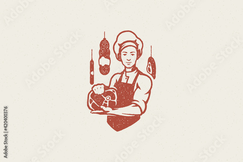 Man in apron and cap demonstrating piece of fresh meat hand drawn stamp effect vector illustration.