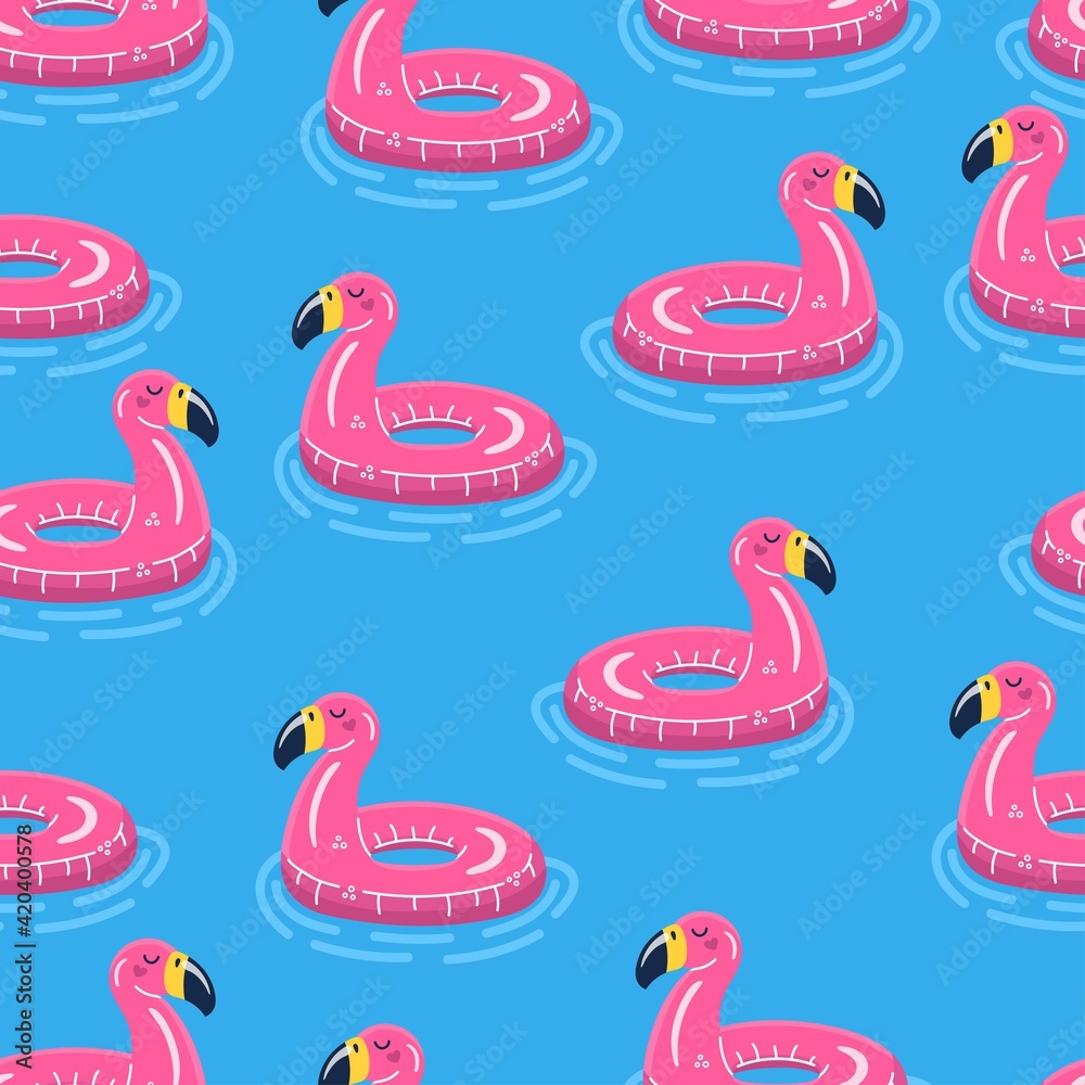 Iinflatable swimming ring seamless pattern. Pink flamingo in water. Cartoon vector illustration