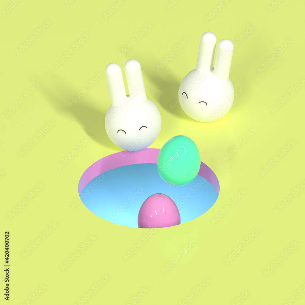 3d render. Easter composition with bright green and pink eggs flying from hole near two white bunnies on yellow background. Spring holidays season. 3d render. Easter composition with bright green and pink eggs flying from hole near two white bunnies on yellow background. Spring holidays season.