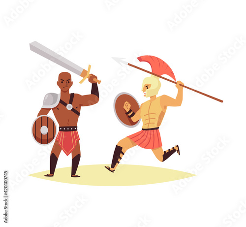 Fighting of gladiators or legionary of roman empire a flat vector illustration