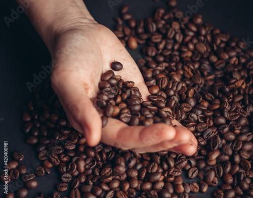 coffee bean in hand preparing beverage morning close-up energy