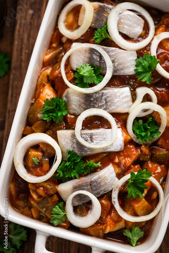Obraz na plátne Pickled and Marinated Kashubian Herring. Polish Traditional Dish