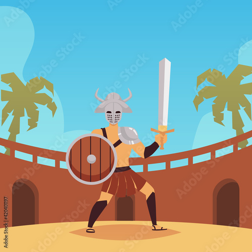Gladiator or legionary with weapons on fight arena a vector illustration