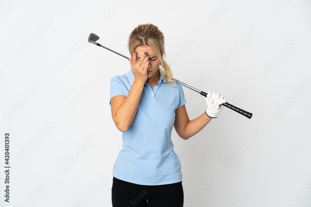 Young Russian golfer woman isolated on white background with tired and sick expression Young Russian golfer woman isolated on white background with tired and sick expression