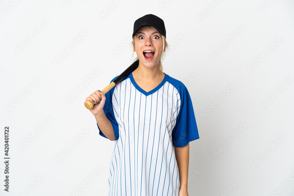 Young Russian woman playing baseball isolated on white background with surprise facial expression Young Russian woman playing baseball isolated on white background with surprise facial expression