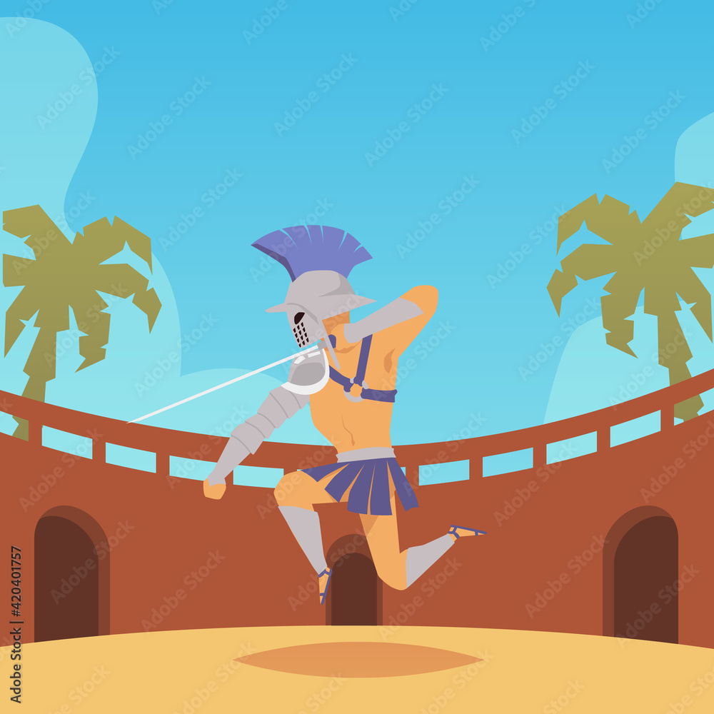 Gladiator male cartoon character fighting on arene flat vector ...