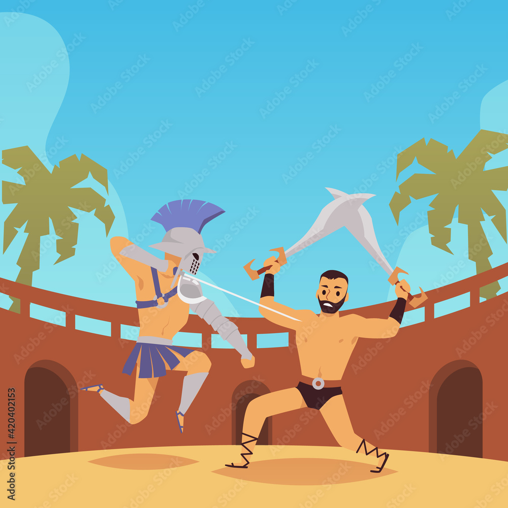 Fight of armed legionnaires, gladiators or spartan warriors a vector illustration