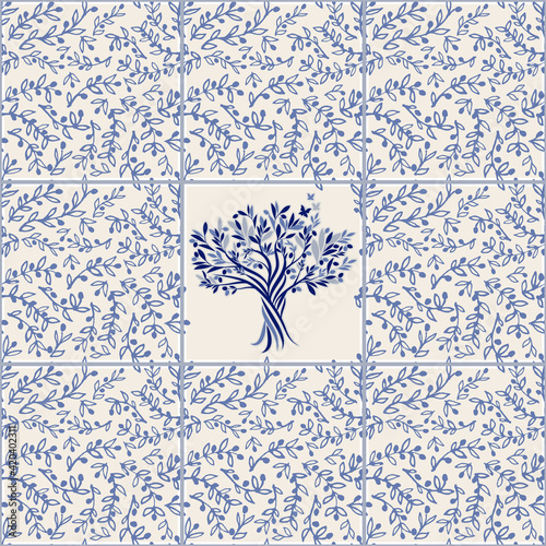Illustrated ceramic tile. Pattern of hand-drawn olive branches and olive tree