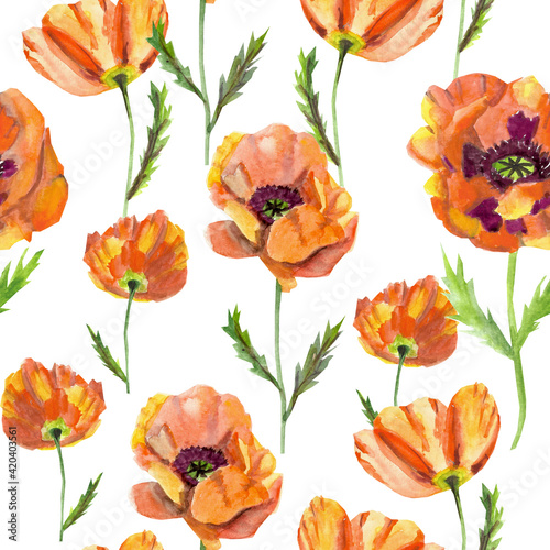 Orange poppies seamless watercolor pattern