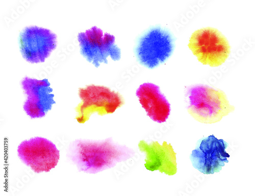 Vector Set of Watercolor Gradient Spots, Soft Wash Paint, Different Colors, Colorful Elements Isolated on White Background.
