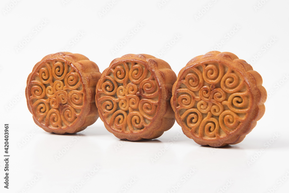 Chinese Mid-Autumn Festival moon cake on white background