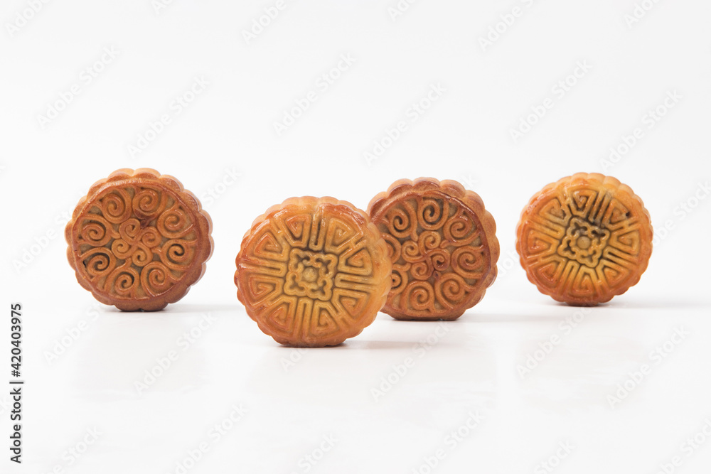 Chinese Mid-Autumn Festival moon cake on white background Chinese Mid-Autumn Festival moon cake on white background