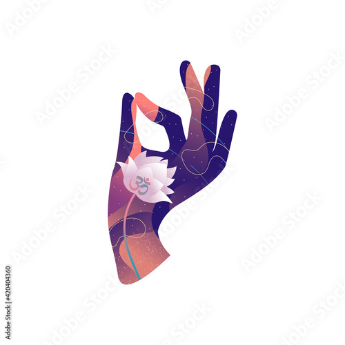 Hand with mudra and lotus. Vector illustration.