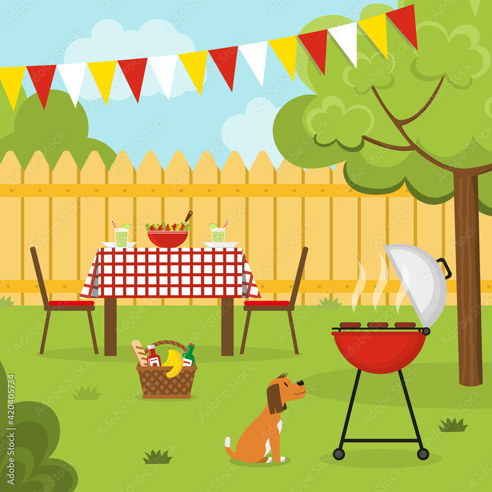 Fototapeta premium Barbecue party in the backyard with fence, trees, bushes and dog. Holliday dinner in the garden. Outside party in a summer house. Vector illustration.