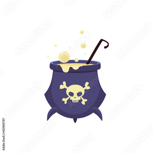 Witch cauldron with boiling potion and cartoon skull - evil magic poison
