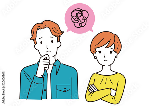 悩む若い夫婦のイラスト