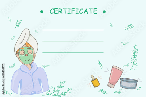 Skincare beauty products cartoon composition with creams lotions swirling around applying face mask girl. Hand drawn vector illustration