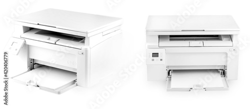 Modern white printer isolated on white background. Close up