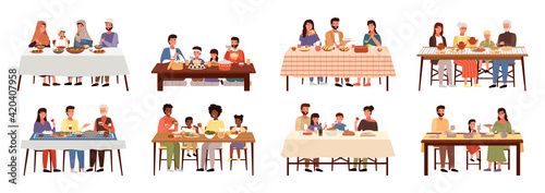 Set of illustrations on the theme of people have dinner in traditional styles of countries worldwide
