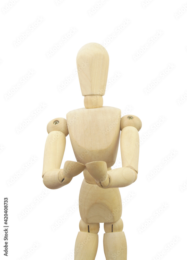 Wooden mannequin with connected hands for holding object isolated on white background Wooden mannequin with connected hands for holding object isolated on white background
