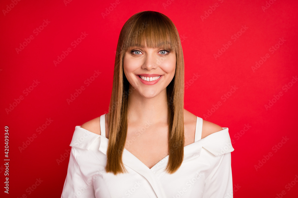 Photo of young attractive woman happy positive smile teeth ceramic clinic isolated over red color background Photo of young attractive woman happy positive smile teeth ceramic clinic isolated over red color background