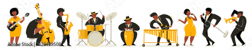 Cartoon vector illustration of colorful jazz musicians isolated on white.