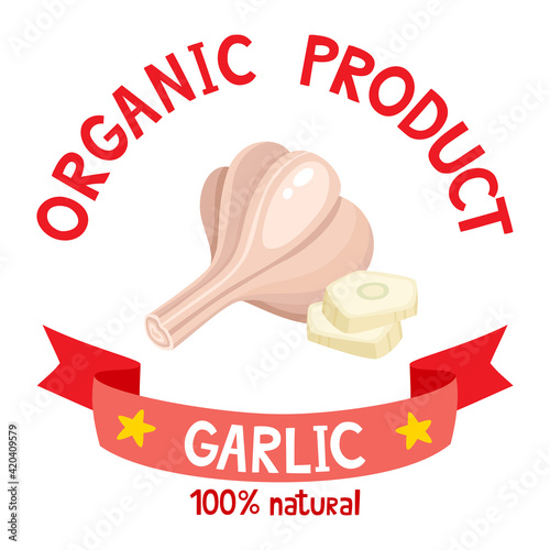 Healthy organic vegetables badge of garlics isolated on white