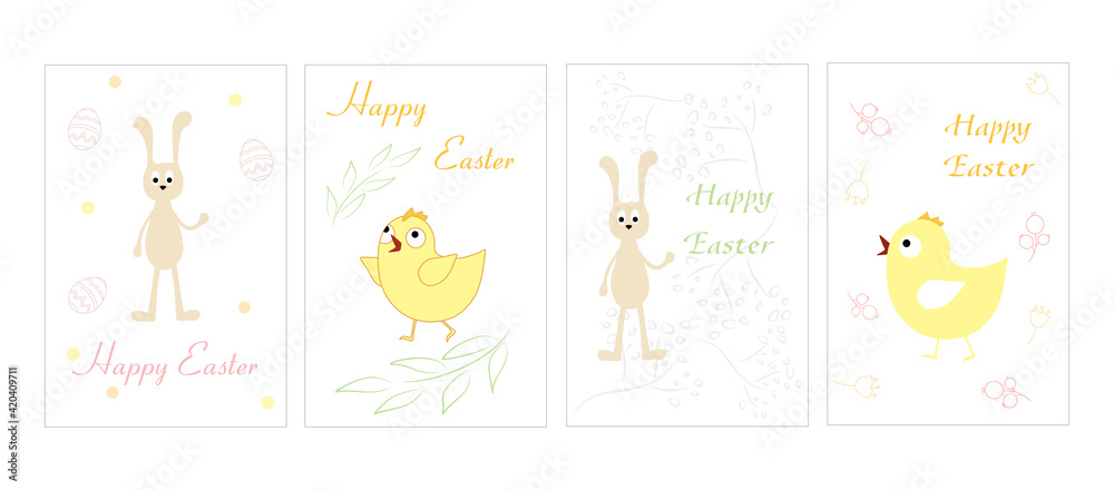 A set of cute vector Easter greeting cards with images of rabbit, chicken, flowers and twigs.