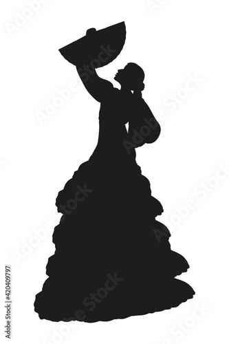 Silhouette of a woman Flamenco dancer with hand fan isolated on white background. Spanish culture. Flat vector illustration