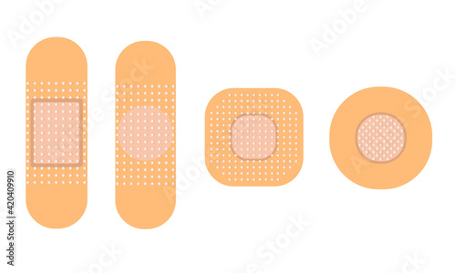Medical patch set of illustrations. Antiseptic patch. Flat vector illustration isolated on a white background.
