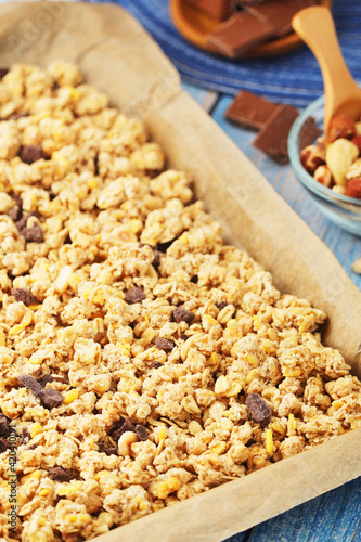 Homemade granola with nuts and chocolate