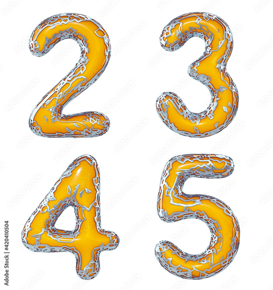 Fototapeta premium Number set 2, 3, 4, 5 made of realistic 3d render golden shining metallic. Collection of gold shining metallic with yellow color plastic symbol