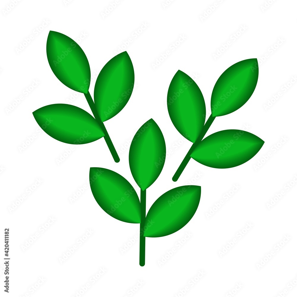 Vector illustration with three 3d stems isolated on white background. A group of plants with green geometric leaves created by the Blend tool