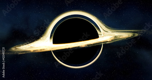 Black hole, remnants of stars on the event horizon, rotating cosmic matter 3d rendering