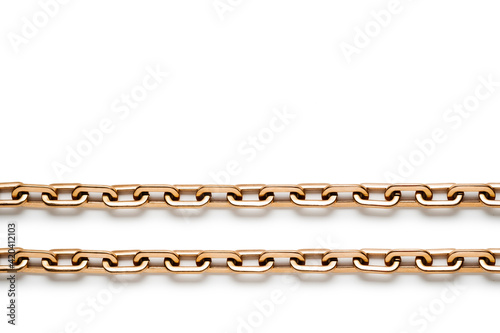 Gold modern massive chain necklace on white background. Frame with palce for text.